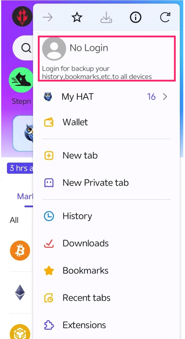 HootArk menu showing the account login entry